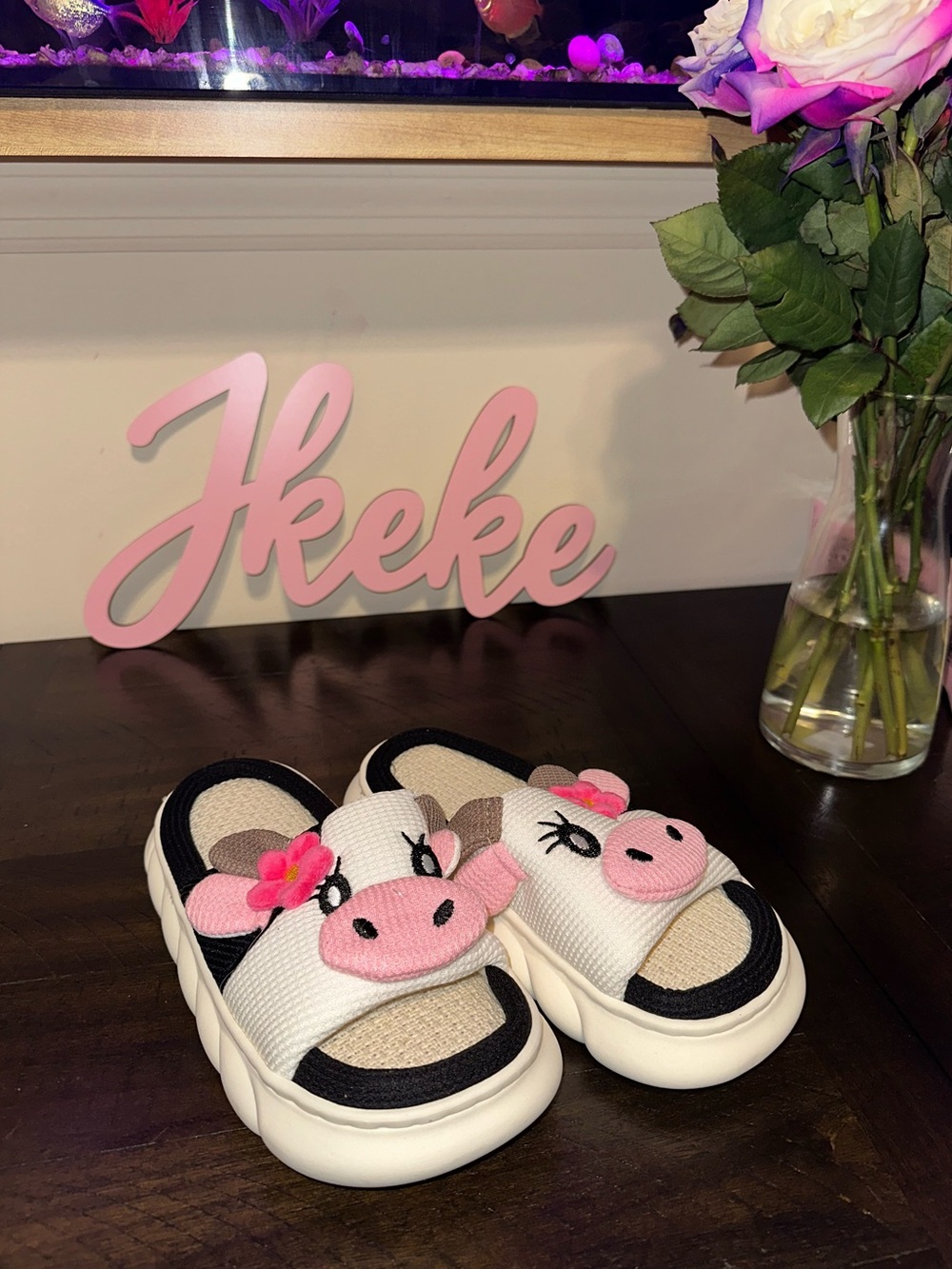 Plush Cow-Themed Women’s House Slippers - Pink and White sizes 6, 7, 8